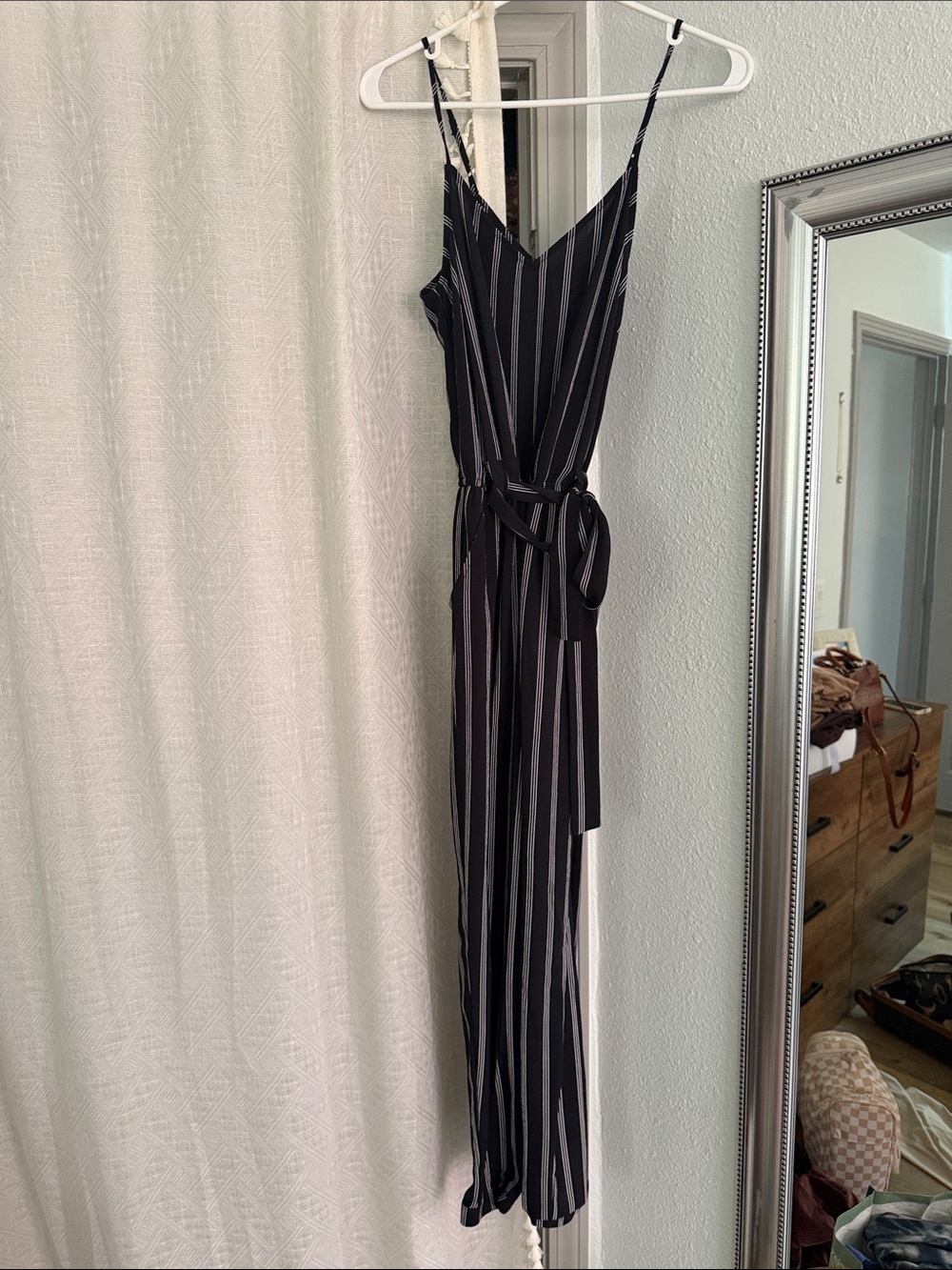 Striped Black & White Jumpsuit with Waist Tie